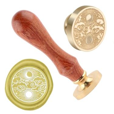 Imagem de Selo de cera sol e lua cobre 25 mm vintage destacável selo de latão e um cabo de madeira padrão carimbo cabeça carta convite cartão convite casamento presente pacote feriados