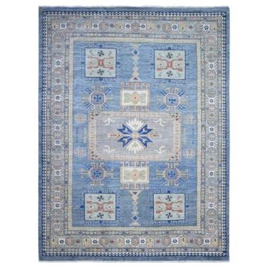 Imagem de Shahbanu Rugs Tapete oriental atado à mão com design geométrico peshawar de lã macia azul celeste (2,5 x 30 cm)