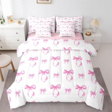 Imagem de Erosebridal Conjunto de edredom solteiro com laço rosa, nó de fita, 7 peças, conjunto de cama de princesa com lençóis, cama kawaii sonhadora em uma bolsa, decoração de quarto