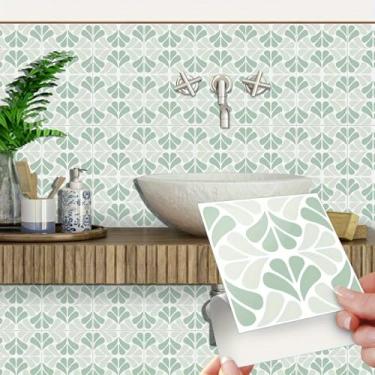 Imagem de Adesivo de azulejo de parede de vinil com 25 peças, adesivos autoadesivos florais verdes texturizados para azulejos adesivos adesivos à prova d'água removíveis para cozinha e banheiro-20 x 20 cm