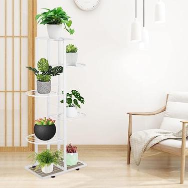 Imagem de AkosOL Suporte alto de metal para plantas, suporte de vaso de flores, prateleira vertical para jardim (branco)
