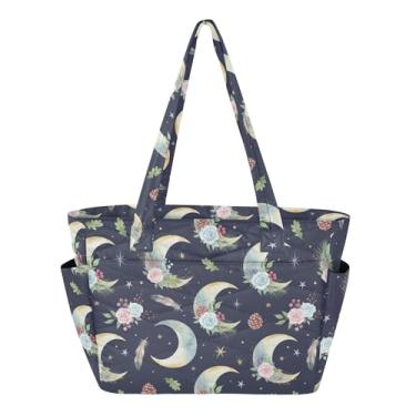 Imagem de Burbuja Bolsa feminina Moon Flowers, bolsa de mão acolchoada leve com bolsos para viagem, escola, trabalho, academia