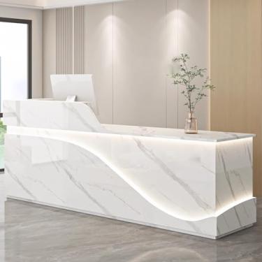 Imagem de Mesa de recepção moderna com gavetas trancáveis para lobby ou loja, mesa de recepção de computador de madeira branca, balcão de 150 cm