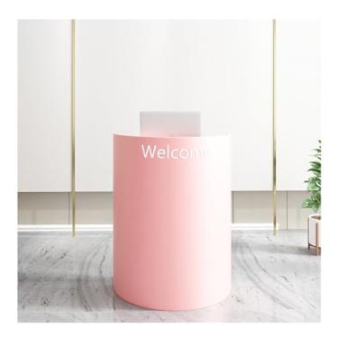 Imagem de Mesa de recepção com gaveta com trava, balcão frontal com armário de armazenamento, balcão de recepção, mesa de boas-vindas moderna para saguão, escritório, salão de beleza (cor: rosa)