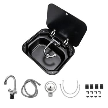 Imagem de Pia de trailer para trailer, barra pequena portátil, 40 x 36 x 14,5 x 14,5 cm, pia de cozinha preta, com tampa de vidro temperado, acessórios para trailers