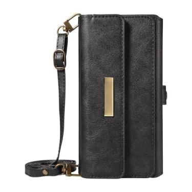 Imagem de Genérico Capa tipo carteira de grande capacidade para iPhone 17/17 Air/17 Pro/17 Pro MAX, capa de couro com tampa magnética com alça para o ombro, design multifuncional (Black, 17 Pro)