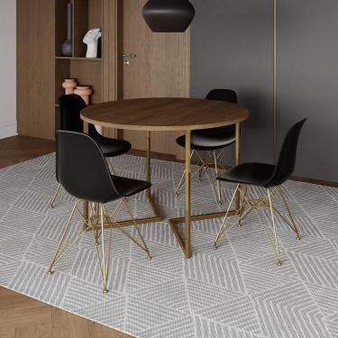 Imagem de Mesa Jantar Industrial Redonda 110Cm Amêndoa Base V Dourada C/4 Cadeiras Pretas Base Cor: Amendoa