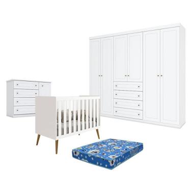 Imagem de Quarto De Bebê Americano 6 Portas Com Berço Americano Katatau Branco Acetinado - Reller - Henn E Colchão Ortobom