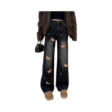 Imagem de Calça Jeans Feminina Estilo Coreano Com Bordado De Cachorro, Corte Ret