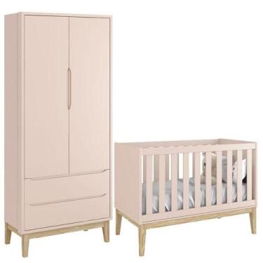 Imagem de Berço Americano E Guarda Roupa Classic 2 Portas Rosa Com Pés Madeira N