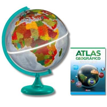 Imagem de Globo Terrestre Físico Político Luminoso Base Verde 30cm + Atlas Geogr