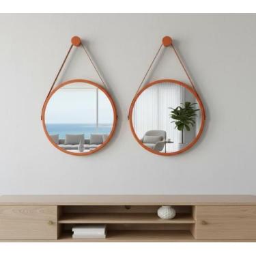 Imagem de Kit 2 Espelhos Redondo Decorativo Suspenso Alça 50cm + suporte Cobre A