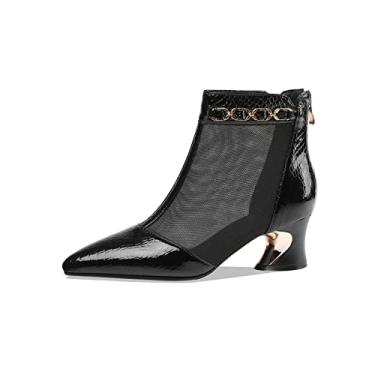 Imagem de TinaCus Botas femininas de verão de couro genuíno e malha feitas à mão com zíper traseiro bico fino, Preto, 8.5