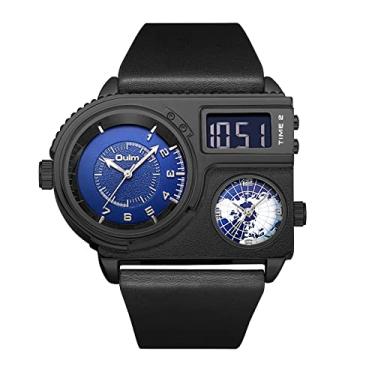 Imagem de Lancardo Relógio masculino irregular com três mostradores de fuso horário, relógio de pulso grande com pulseira de couro para negócios esportivos, Preto