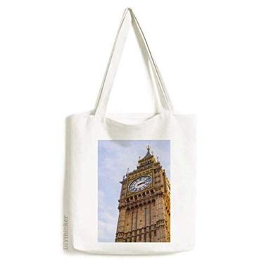 Imagem de Bolsa de lona Big Ben azul céu nuvens brancas bolsa de compras casual bolsa de mão