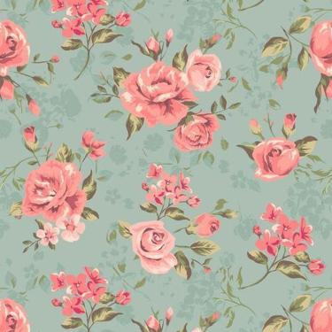 Imagem de Papel De Parede Adesivo Verde Flores Rosas Vintage - 10M