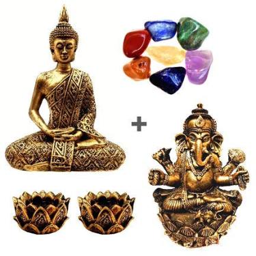 Imagem de Combo Estátuas de Ganesha e Buda + Kit 7 Pedras dos Chakras + 2 Castiçais