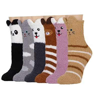 Imagem de Meias femininas de chinelo de pelúcia - Meias de gola redonda macias coloridas confortáveis 3 a 6 pares para o inverno interno, Marrom animal, One Size