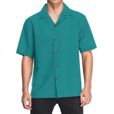 Imagem de CHIFIGNO Camisa havaiana masculina estampada com botões camisas casuais manga curta folgada tropical férias praia camisas, Azul-petróleo, P