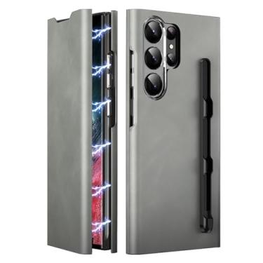 Imagem de PuRoxx Capa com suporte para Samsung Galaxy S24 Ultra/S24 Plus/S24, capa flip magnética forte de couro confortável de luxo com compartimento para cartão e suporte para caneta S, cinza, S24