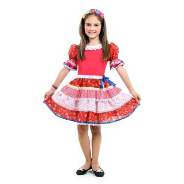 Imagem de Vestido Caipira Infantil Vermelho Junina Quadrilha + Tiara