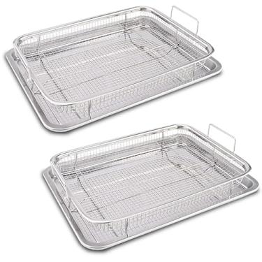 Imagem de Voittozege Conjunto de 2 cestas de fritadeira a ar para forno, conjunto de cestas de malha antiaderente de aço inoxidável de 38 x 29 cm, acessórios para fritadeira a ar, rack de forno e bandeja de