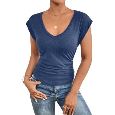 Imagem de RoseSeek Camiseta feminina de manga cavada, gola V, franzida, casual, justa, para escritório, camisetas básicas, Azul royal, M