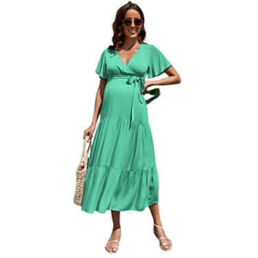 Imagem de FUNJULY Vestido feminino para gestantes, gola V, manga bufante, plissado, para chá de bebê ou uso casual, Verde, XXG