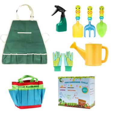 Imagem de Conjunto de ferramentas de jardinagem infantil 9 peças, mini ferramentas de jardinagem kit de ferramentas multifuncionais de jardim com luvas de jardinagem, sacola sacola e avental de poeira, regador, pá, espátula, ancinho para presentes de jardinagem