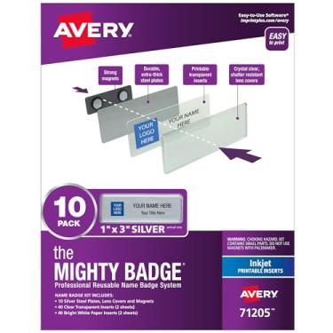 Imagem de The Mighty Badge da Avery, etiquetas prateadas de 2,5 cm x 7,6 cm, 10 crachás de identificação, 80 inserções para impressoras jato de tinta (71205)