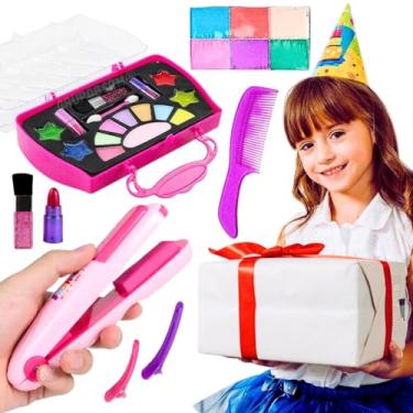 Imagem de Kit de beleza brinquedo camarim infantil 2 em 1 presente menina 5 anos bolsa de maquiagem studio salão chapinha faz mechas coloridas prancha de cabelo colorir pintar make brinq