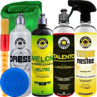 Imagem de Kit produtos para limpeza automotiva Easytech Cera Toque de mestre shampoo Melon restaurador de plasticos Dress selante para pneus Talento