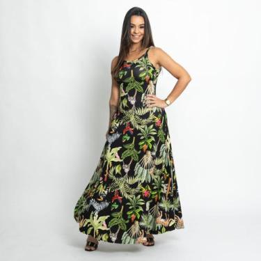 Imagem de Vestido Longo Feminino Casual Estampado em Malha com Fendas Laterais -