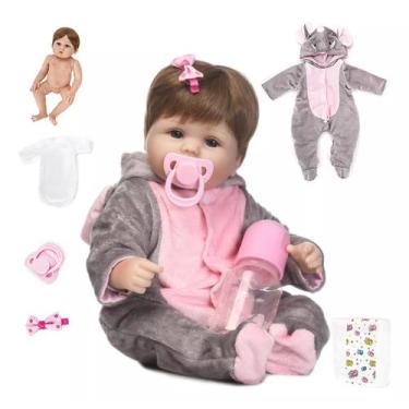 Imagem de Boneca Macacão De Elefantinho Com Mamadeira E Chupeta 100% Silicone Be