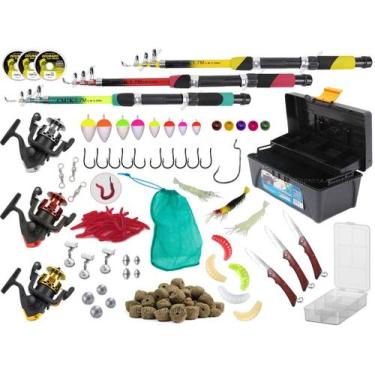 Imagem de Kit Pescaria 3 Varas Telescópicas 1,70m + 3 Molinetes + Caixa c/ Acess