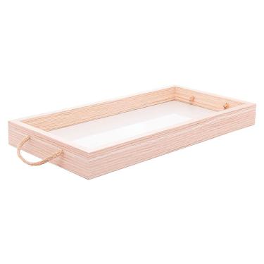 Imagem de Bandeja Retangular de Mdf com Fundo Tipo Palha Natural e Alça 41,5x20x4cm 5670 - Lyor