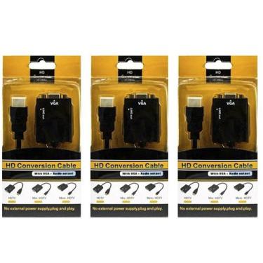 Imagem de Kit 3 Cabo Adaptador Conversor Hdmi Para Vga Saída P2 Áudio - VIL