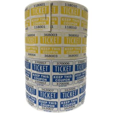 Imagem de Bilhetes para rifa de fácil leitura - (4 rolos de 2000 bilhetes duplos) 8.000 total de bilhetes de rifa 50/50 (2) azul e (2) amarelo)