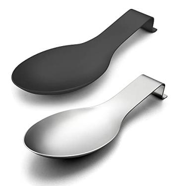 Imagem de LIANYU Conjunto de Descanso de Colher de Aço Inoxidável com 2, Suporte de Utensílios de Espátula, Colher, Concha para Bancada de Cozinha, Lavável Na Máquina de Lavar Louça, Preto, Prata