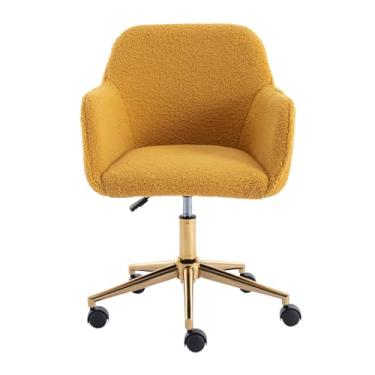 Imagem de SPOFLYINN Cadeira de escritório com rodas, base cromada, pernas de metal dourado, cadeira giratória de 360°, cadeiras de lã de altura ajustável para escritório, sala de estar, quarto, peluche amarelo
