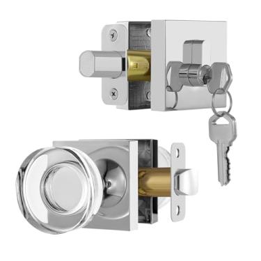 Imagem de newliplace Maçaneta de porta de vidro com trava de fechadura de cilindro único, maçaneta de porta de cristal externa com fecho, conjunto de fechadura de porta frontal cromada polida, conjunto de