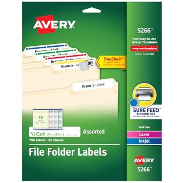 Imagem de Etiquetas de pasta de arquivos Avery em cores sortidas para impressoras a laser e a jato de tinta com tecnologia TrueBlock, 0,67 x 3,43 polegadas (5266) - (pacote com 10)