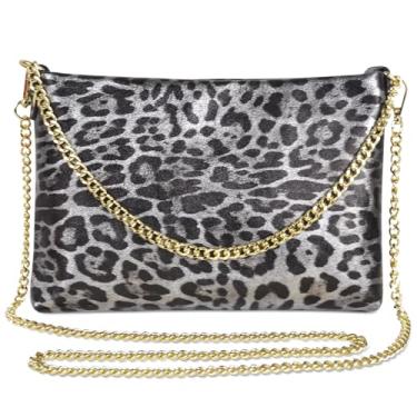 Imagem de Dasein Bolsa feminina de couro legítimo italiano para noite, bolsa de ombro com alça de corrente dourada, Leopardo de neve