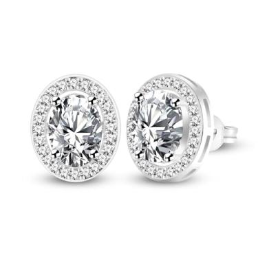 Imagem de Vivaday Brincos femininos de halo de zircônia cúbica de corte oval | Joias de luxo banhadas a ouro branco para mãe, esposa, Dia das Mães, Ano Novo, Ação de Graças YA5119, one size, Latão, Zircônia
