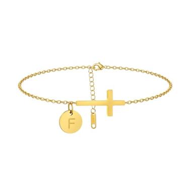Imagem de Mauzew Tornozeleira feminina com inicial dourada delicada à prova d'água com cruz dourada personalizada A-Z Moeda Disco Letra Tornozelo Pulseira Verão Praia Joias Presentes Amizade, one size, Aço