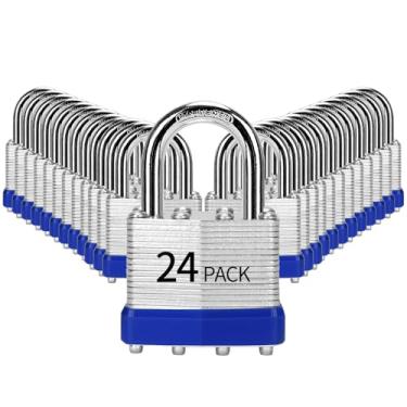 Imagem de HZSY Cadeado com chave de aço laminado (40 mm), fechaduras com chave, embalado com 24, cadeados de manilha normal, aros de plástico azul, para caixa de ferramentas, armário e unidade de armazenamento