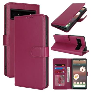 Imagem de SunYoo Capa carteira para Google Pixel 6a com suporte para cartão, capa carteira Pixel 6a para homens e mulheres, capa de telefone flip de couro à prova de choque com fivela magnética - vermelha