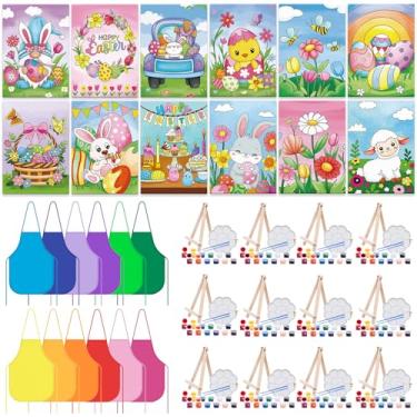 Imagem de Anseal Conjunto de 84 peças de pintura infantil lembrancinhas de festa, 12 telas pré-desenhadas, 12 pincéis, 12 paletas, 12 conjuntos de tintas acrílicas, 12 aventais, kit de pintura em tela para