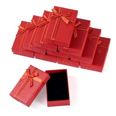 Imagem de KISSITTY 12 peças de caixas de presente retangulares vermelho escuro de papelão, caixas de joias de papel, colar, brinco, anel, embalagens, caixas com esponja, 8 x 5 x 2 cm, para aniversário, ação de