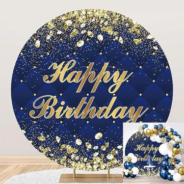 Imagem de TTQYFNM 1,8 x 1,8 m, azul royal, feliz aniversário, pano de fundo redondo, diamantes dourados, azul, treliça, círculo, fotografia para adultos, decoração de festa de aniversário, banner, mesa de bolo,